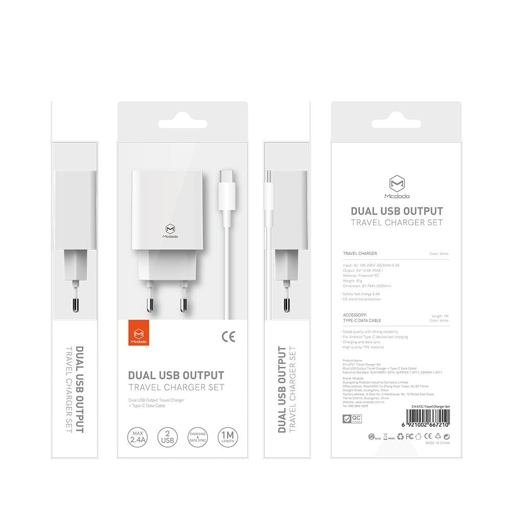 Netværksoplader med USB-C Kabel McDodo CH-6721 Tilbud, 12W, 2.4A, 2 x USB-A, Hvid