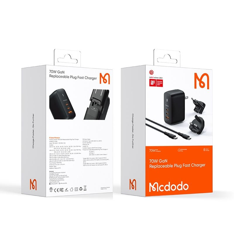 Netværksoplader med USB-C Kabel McDodo CH-8442 Mecha Travel, 65W, 5A, 1 x USB-A - 2 x USB-C, Sort