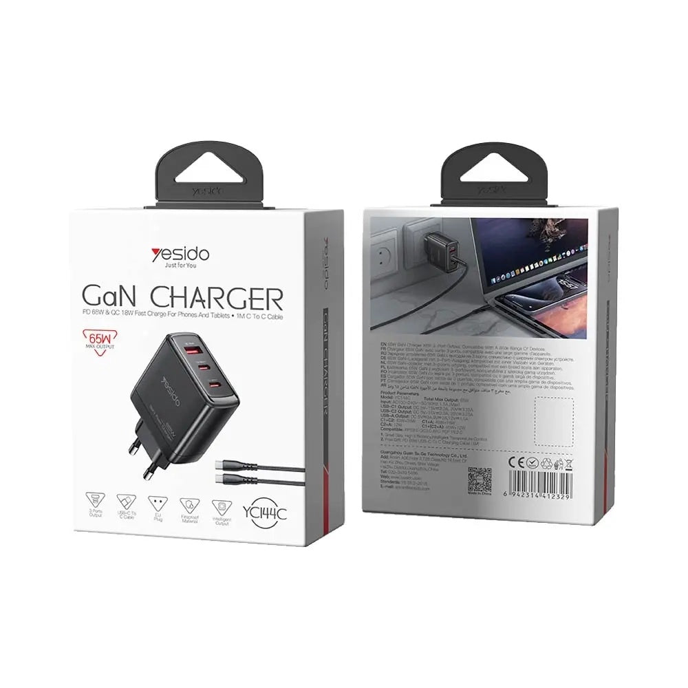 Network Charger with USB-C Cable Yesido YC144C, 65W, 3.25A, 1 x USB-A - 2 x USB-C, Black
