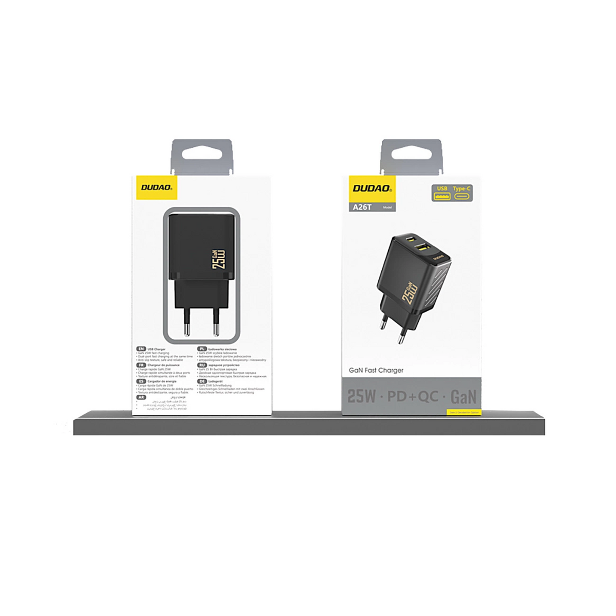 Dudao A26T Netværksoplader, 25W, 3A, 1 x USB-A - 1 x USB-C, Sort