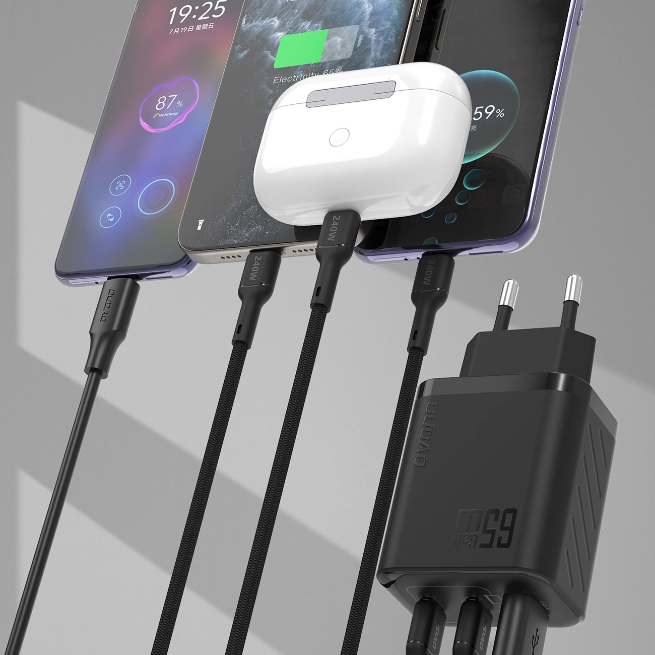 Netværksoplader Dudao A29, 65W, 1 x USB-A - 2 x USB-C, Sort