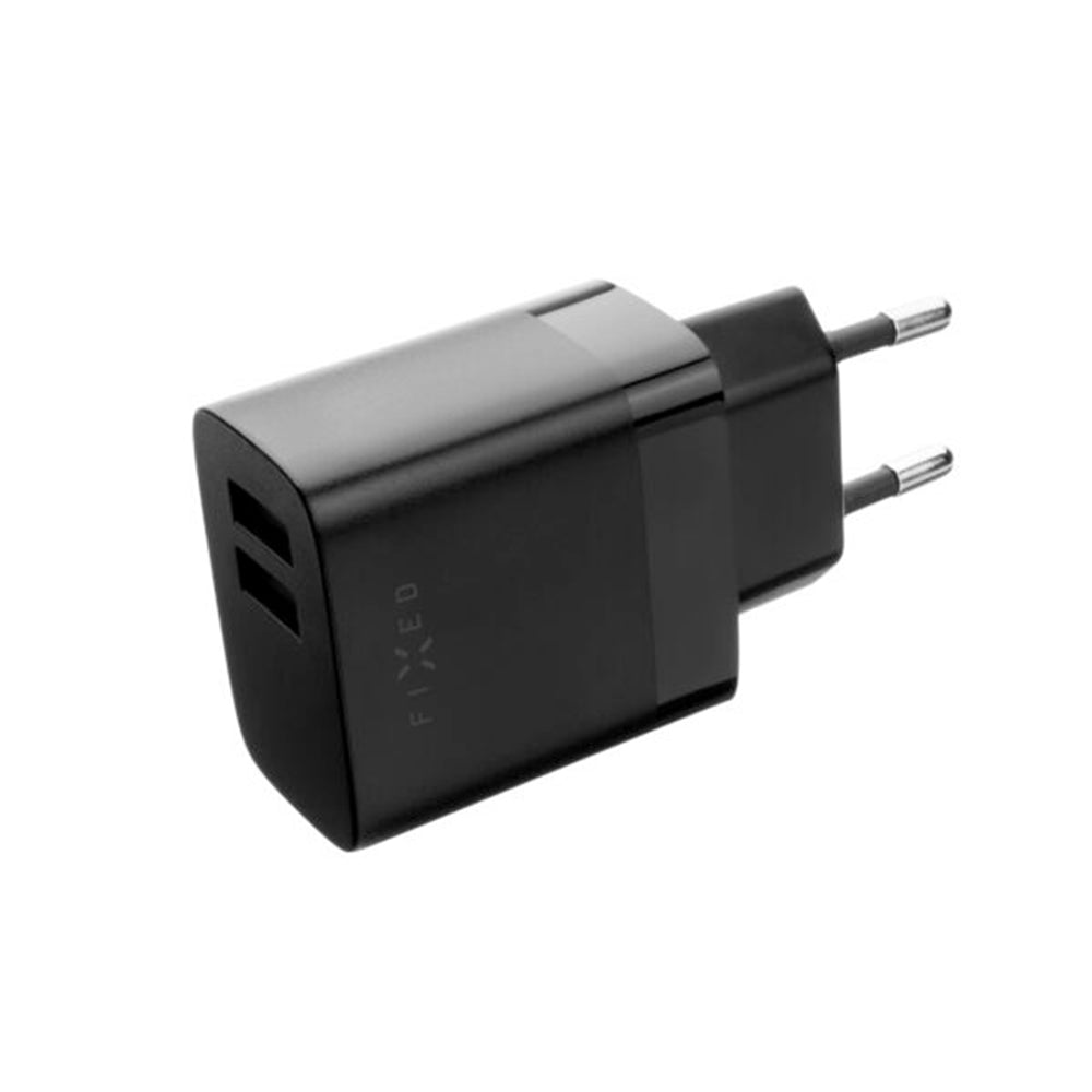 Fixed Netværksoplader, 17W, 3A, 2 x USB-A, Sort