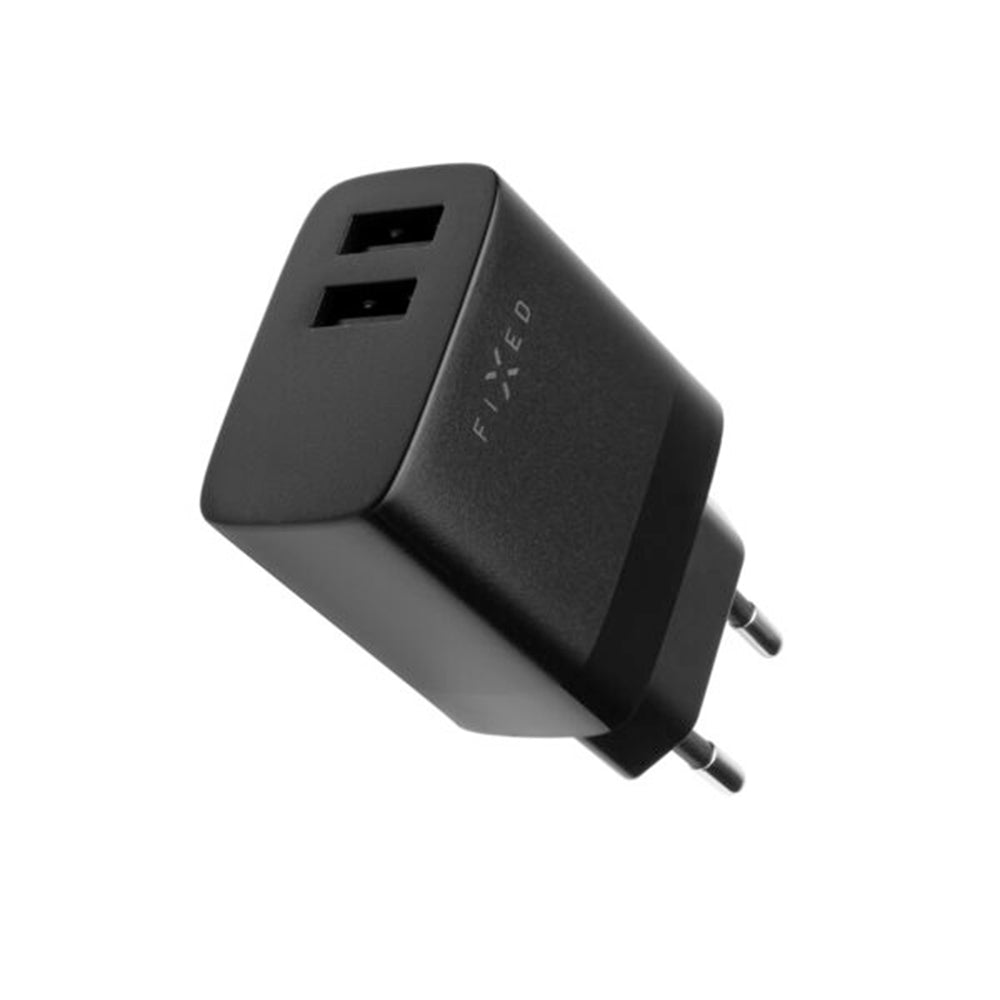 Fixed Netværksoplader, 17W, 3A, 2 x USB-A, Sort