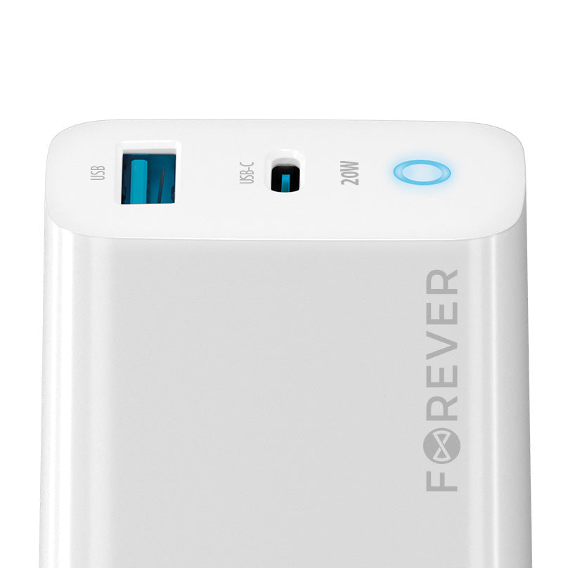 Forever netværksoplader TC-06-20AC, 20W, 3A, 1 x USB-A - 1 x USB-C, hvid