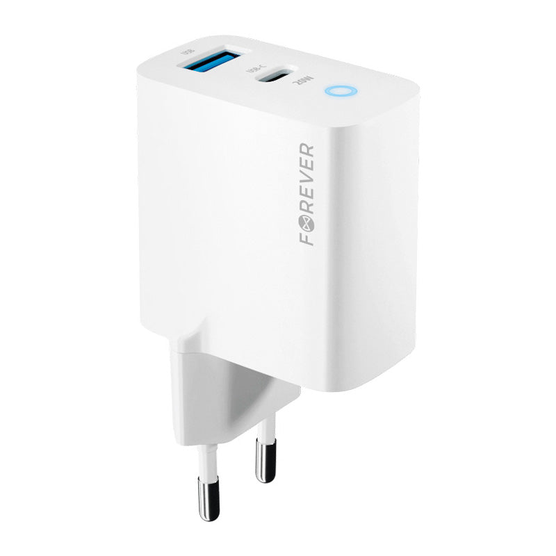 Forever netværksoplader TC-06-20AC, 20W, 3A, 1 x USB-A - 1 x USB-C, hvid