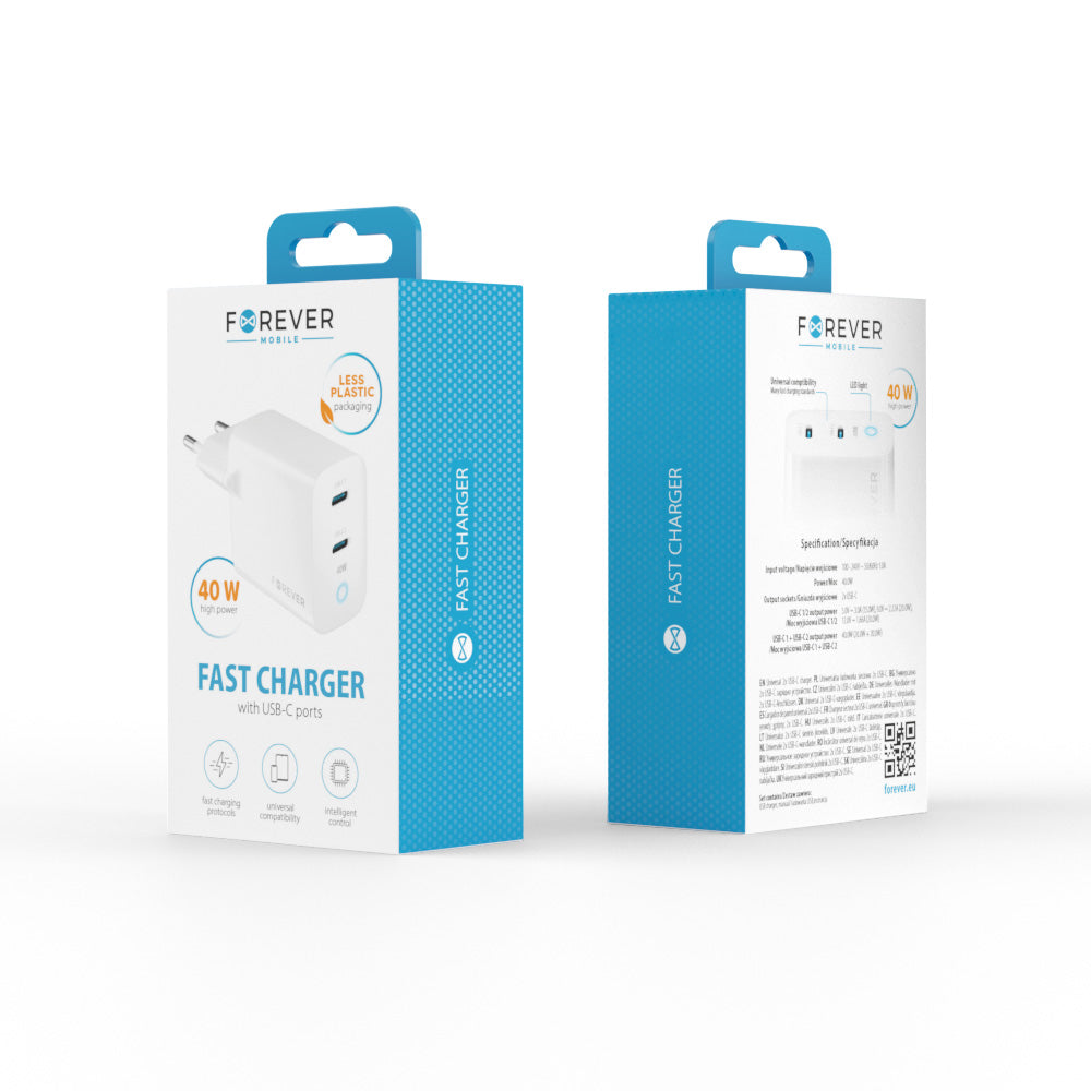 Forever netværksoplader TC-06-40CC, 40W, 3A, 2 x USB-C, hvid