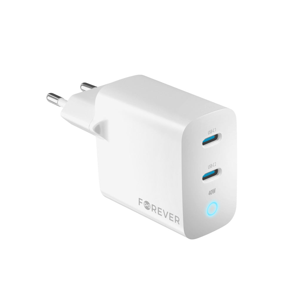 Forever netværksoplader TC-06-40CC, 40W, 3A, 2 x USB-C, hvid