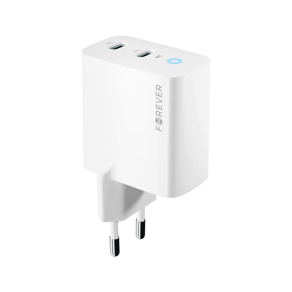 Forever netværksoplader TC-06-40CC, 40W, 3A, 2 x USB-C, hvid