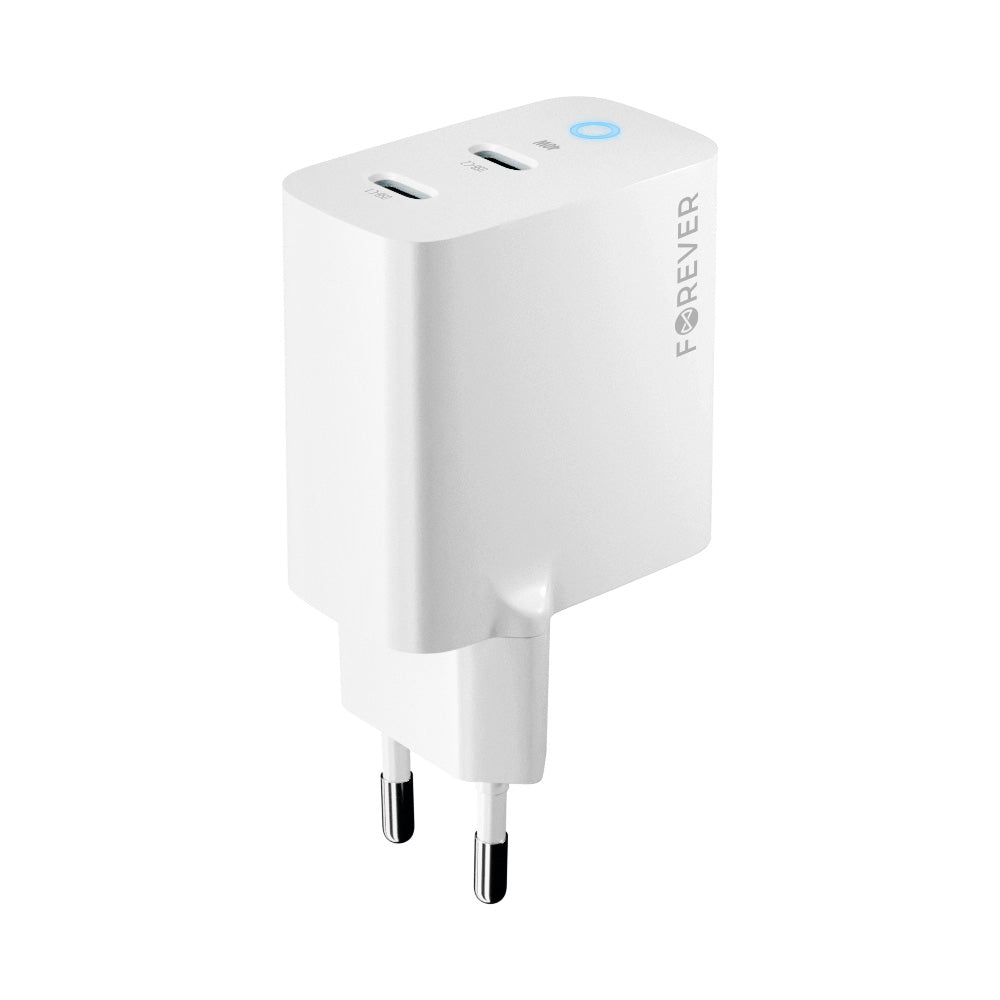 Forever netværksoplader TC-06-40CC, 40W, 3A, 2 x USB-C, hvid