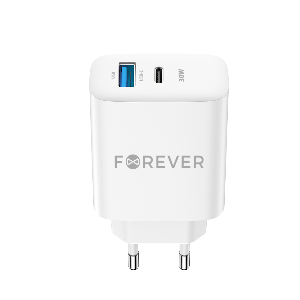Forever netværksoplader TC-07-30AC, 30W, 3A, 1 x USB-A - 1 x USB-C, hvid