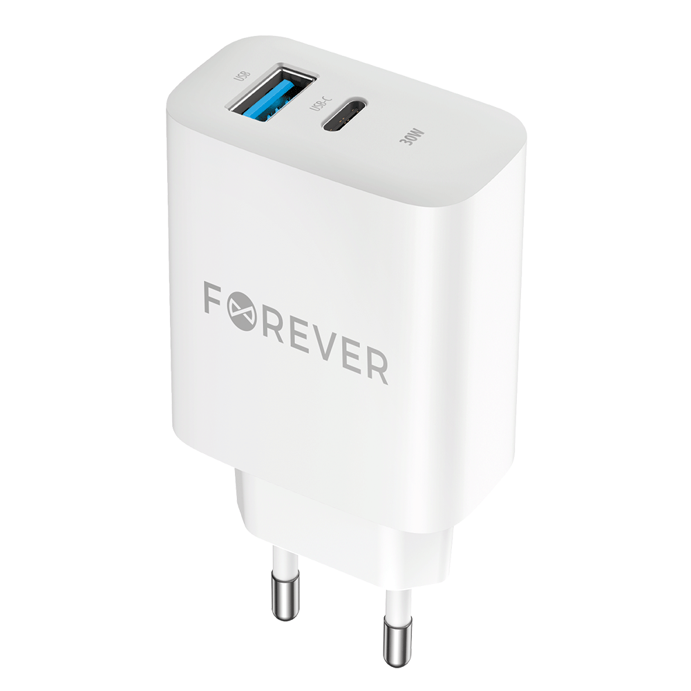 Forever netværksoplader TC-07-30AC, 30W, 3A, 1 x USB-A - 1 x USB-C, hvid