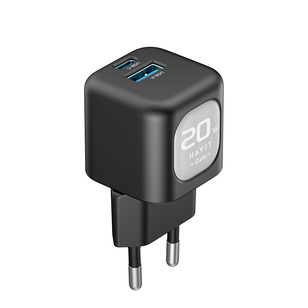 HAVIT UC220 Netværksoplader, 20W, 3A, 1 x USB-A - 1 x USB-C, Sort Grå