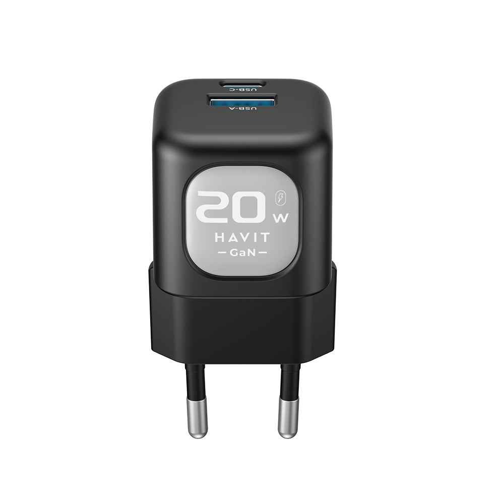HAVIT UC220 Netværksoplader, 20W, 3A, 1 x USB-A - 1 x USB-C, Sort Grå
