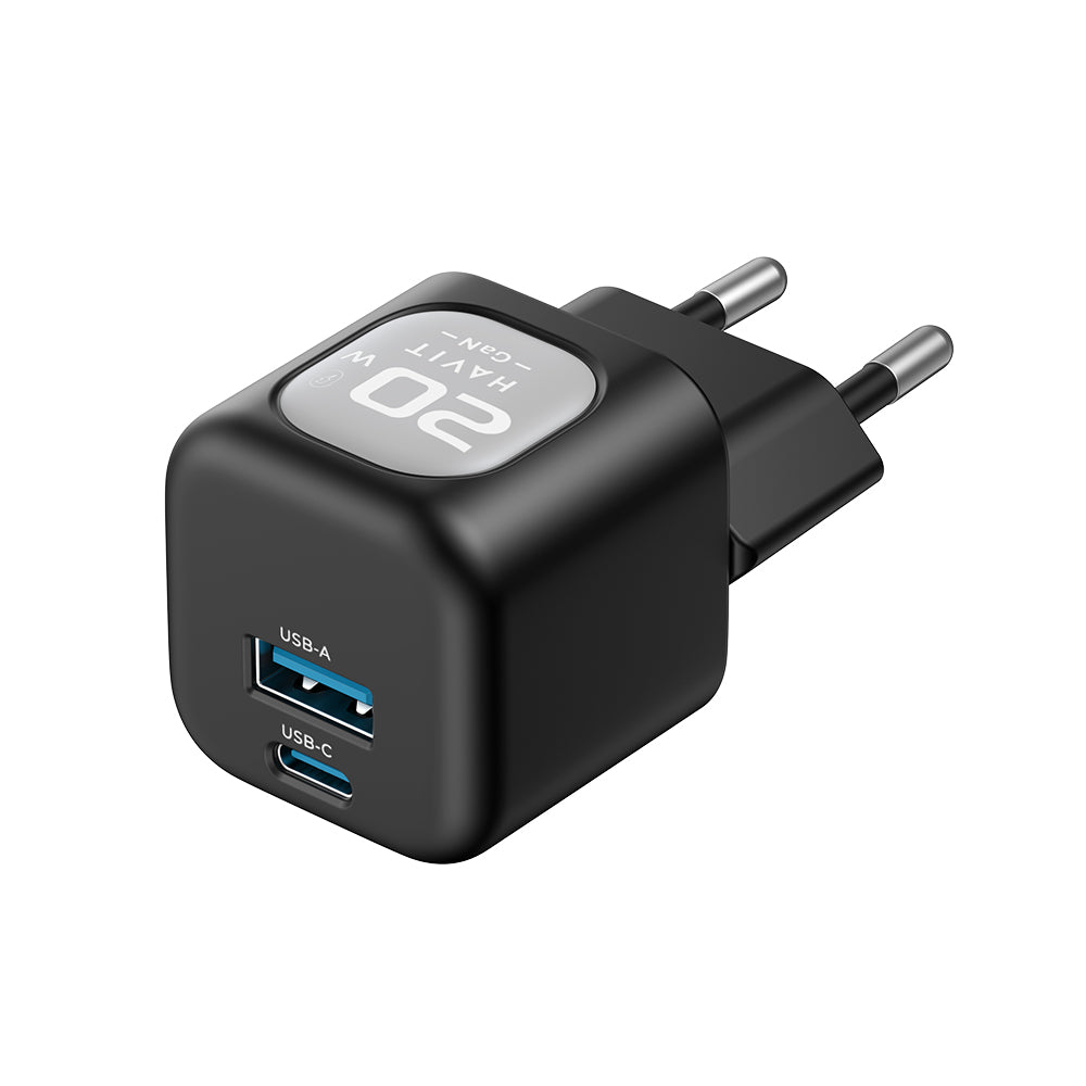HAVIT UC220 Netværksoplader, 20W, 3A, 1 x USB-A - 1 x USB-C, Sort Grå