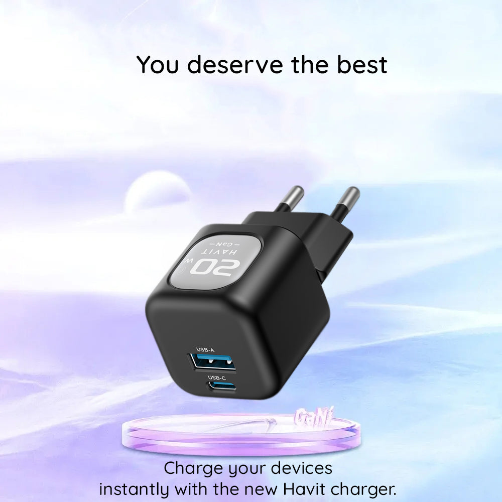 HAVIT UC220 Netværksoplader, 20W, 3A, 1 x USB-A - 1 x USB-C, Sort Grå