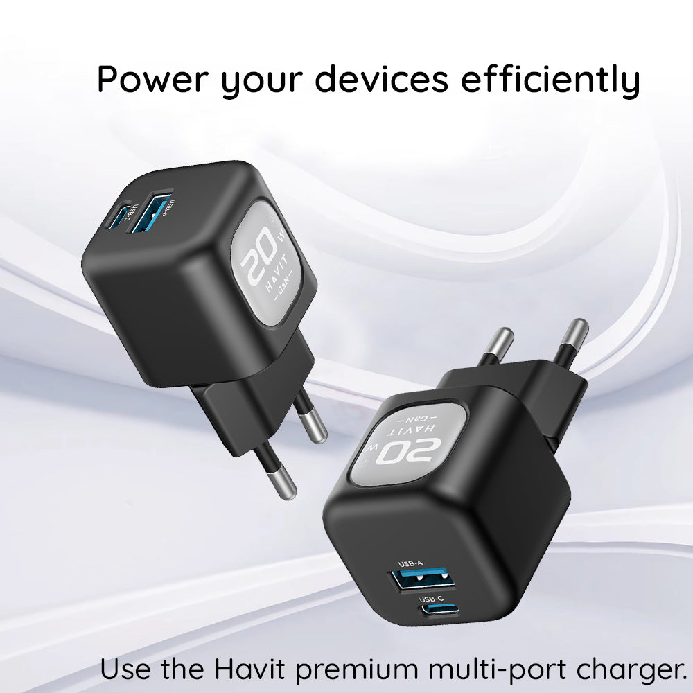 HAVIT UC220 Netværksoplader, 20W, 3A, 1 x USB-A - 1 x USB-C, Sort Grå