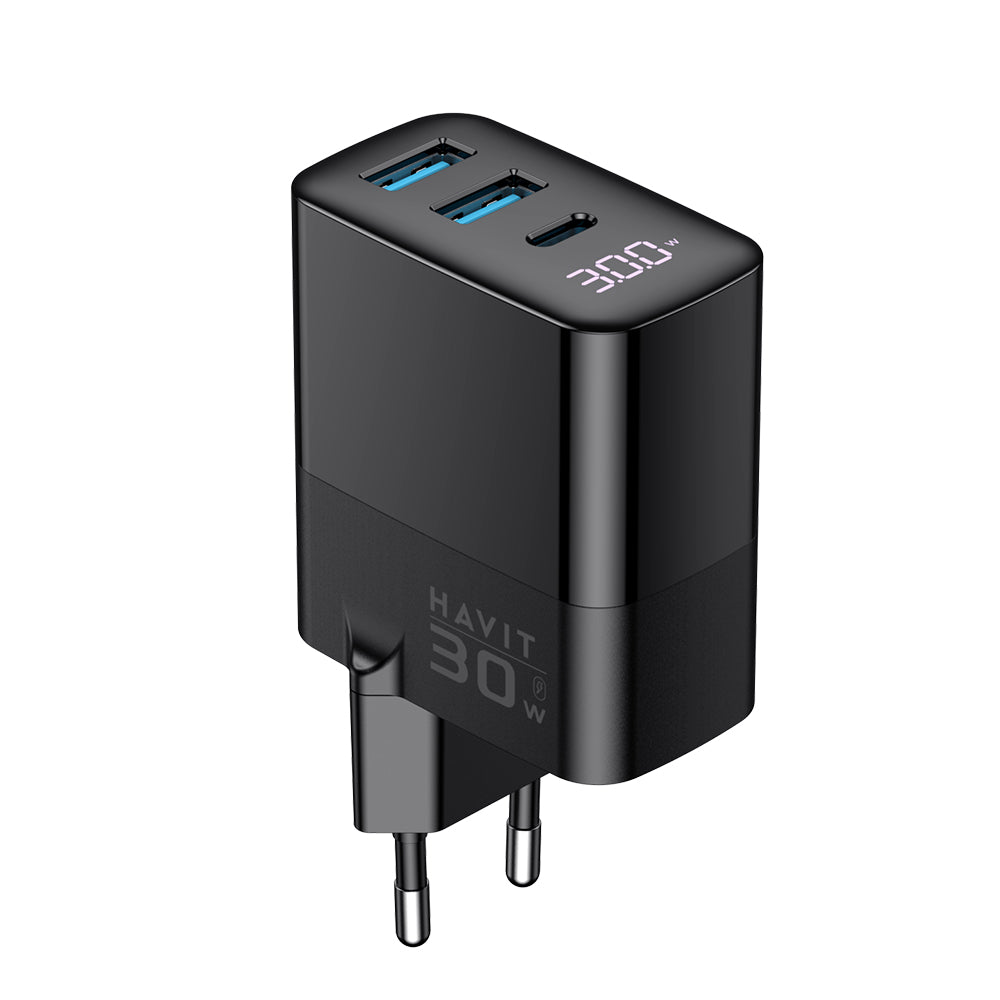 Netværksoplader HAVIT UCLE001, 30W, 3A, 2 x USB-A - 1 x USB-C, Sort