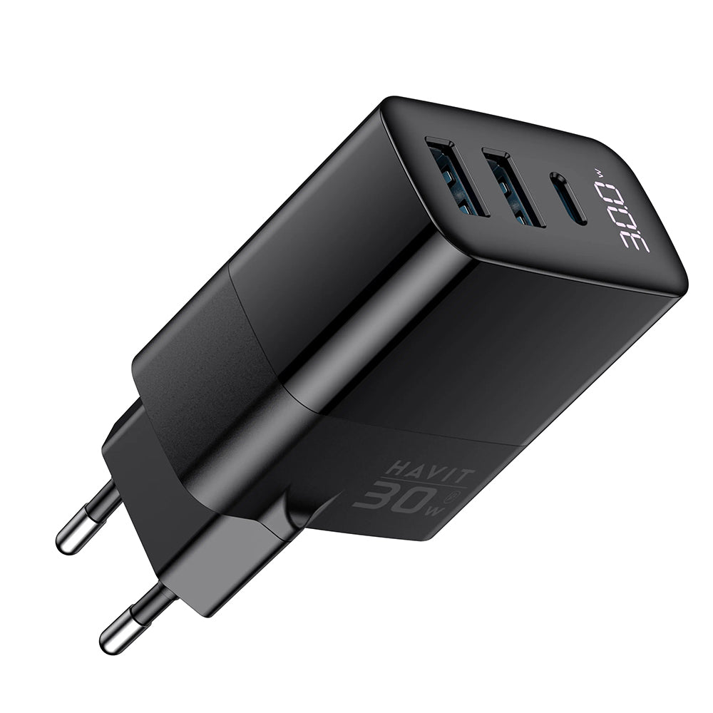 Netværksoplader HAVIT UCLE001, 30W, 3A, 2 x USB-A - 1 x USB-C, Sort