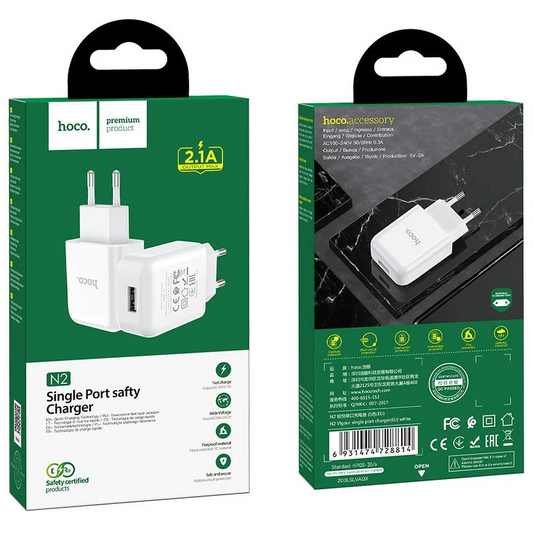 HOCO N2 Netoplader, 10W, 2A, 1 x USB-A, Hvid