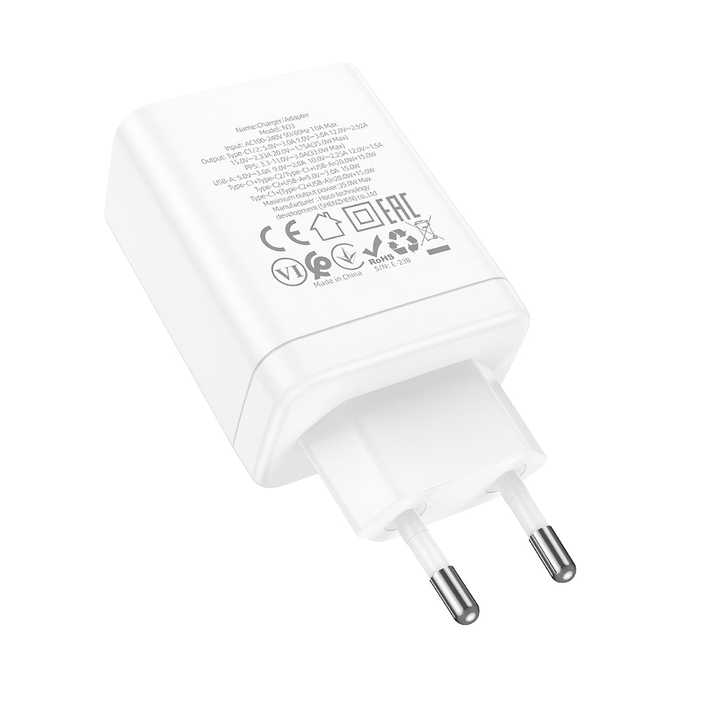 Netværksoplader HOCO N33, 35W, 3A, 1 x USB-A - 2 x USB-C, hvid