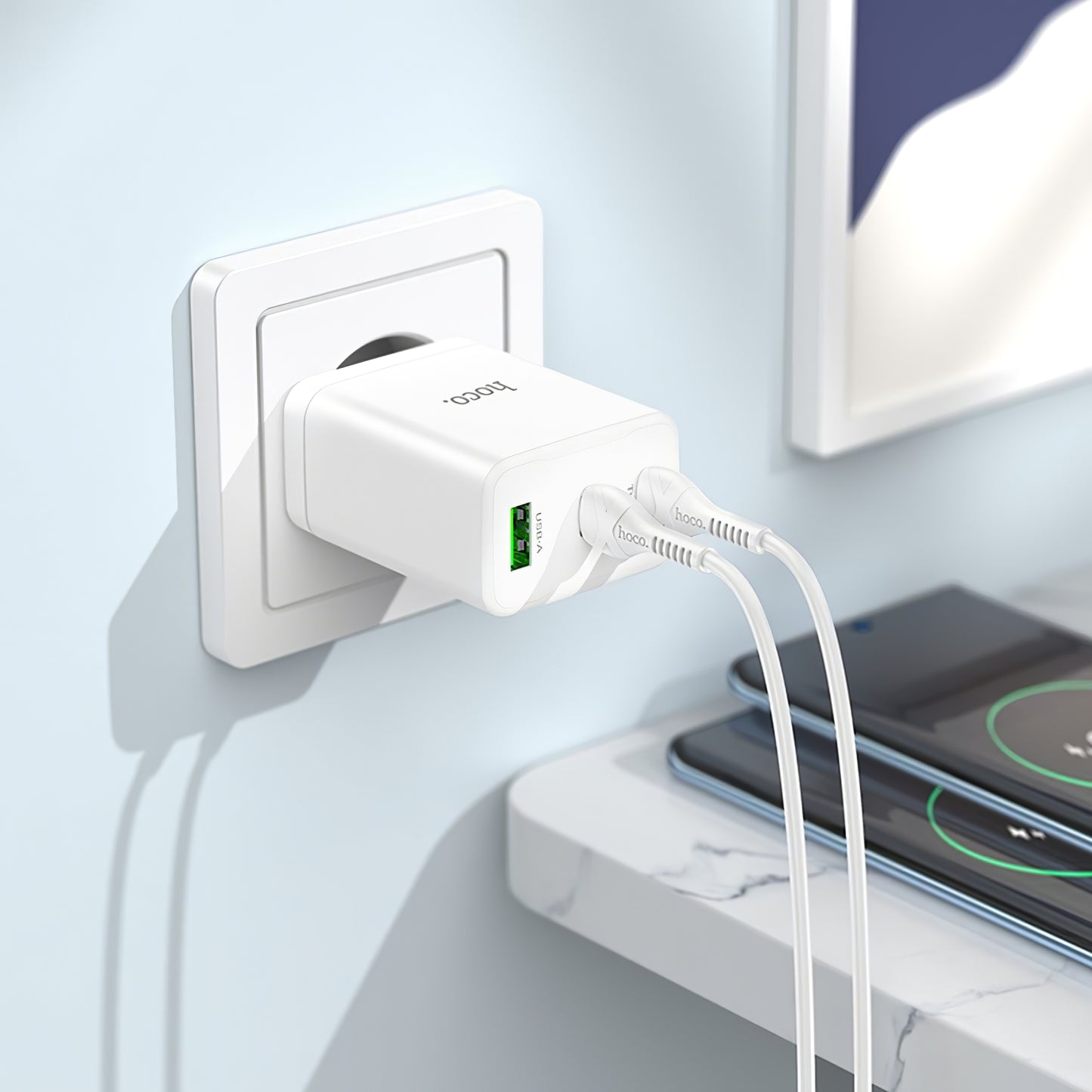 Netværksoplader HOCO N33, 35W, 3A, 1 x USB-A - 2 x USB-C, hvid