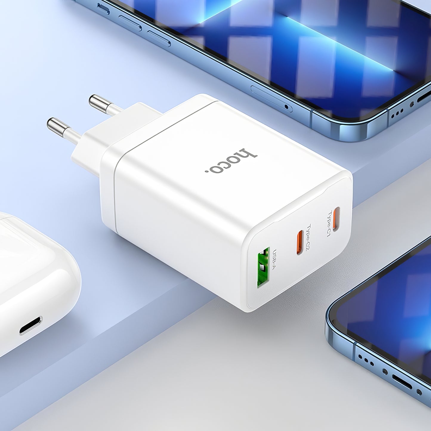 Netværksoplader HOCO N33, 35W, 3A, 1 x USB-A - 2 x USB-C, hvid
