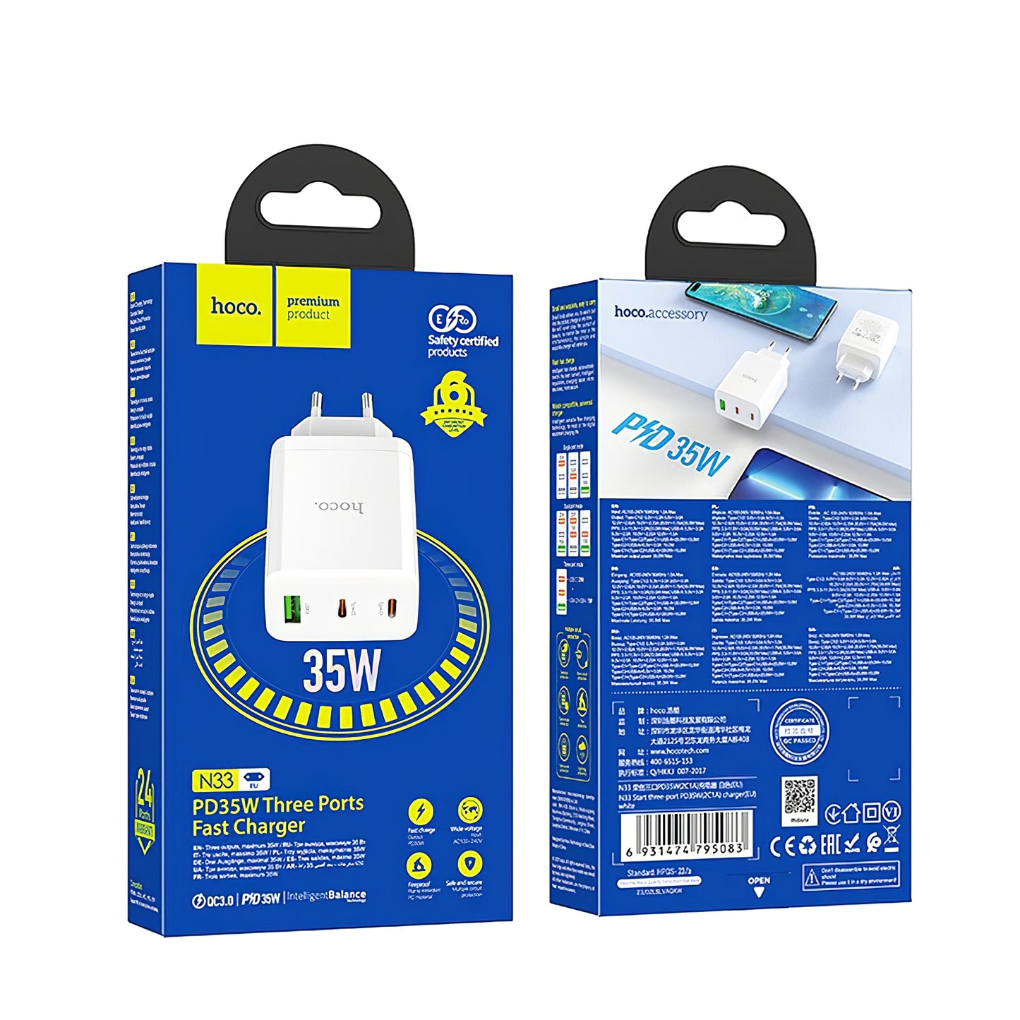 Netværksoplader HOCO N33, 35W, 3A, 1 x USB-A - 2 x USB-C, hvid