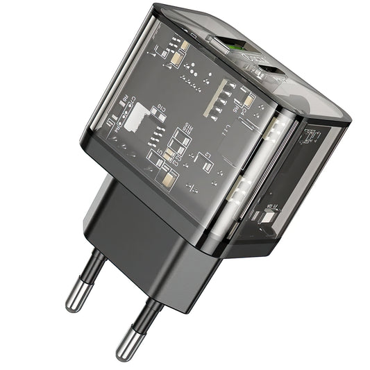 Netværksoplader HOCO N34, 20W, 3A, 1 x USB-A - 1 x USB-C, Transparent
