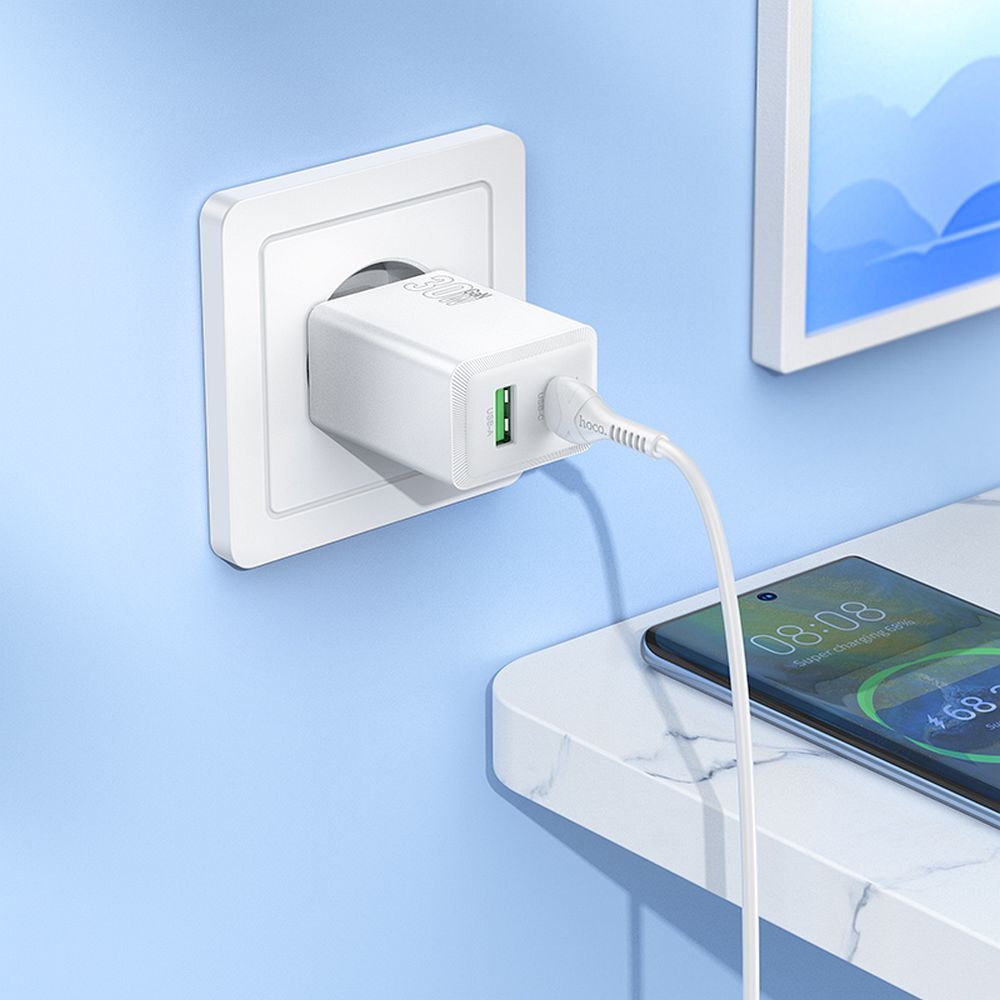 Netværksoplader HOCO N71, 30W, 3A, 1 x USB-A - 1 x USB-C, Hvid