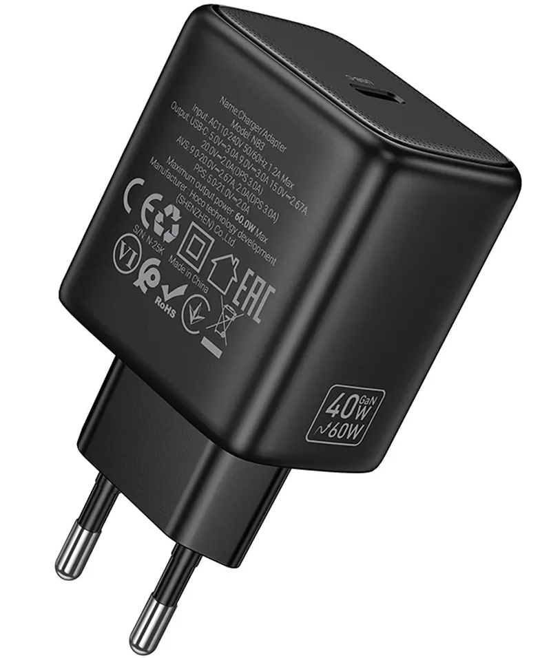 HOCO N83 Netadapter, 40W, 3A, 1 x USB-C, Sort