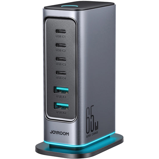 Opladerstation Joyroom JR-TCM02, 65W, 3.25A, 2 x USB-A - 4 x USB-C, Grå