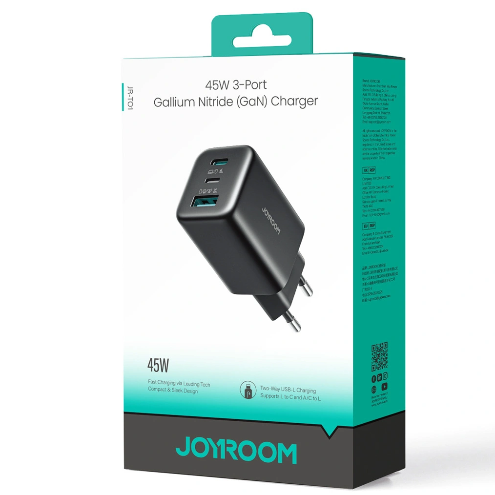 Joyroom JR-TO1 Netoplader, 45W, 3A, 1 x Lightning - 1 x USB-A - 1 x USB-C, Sort