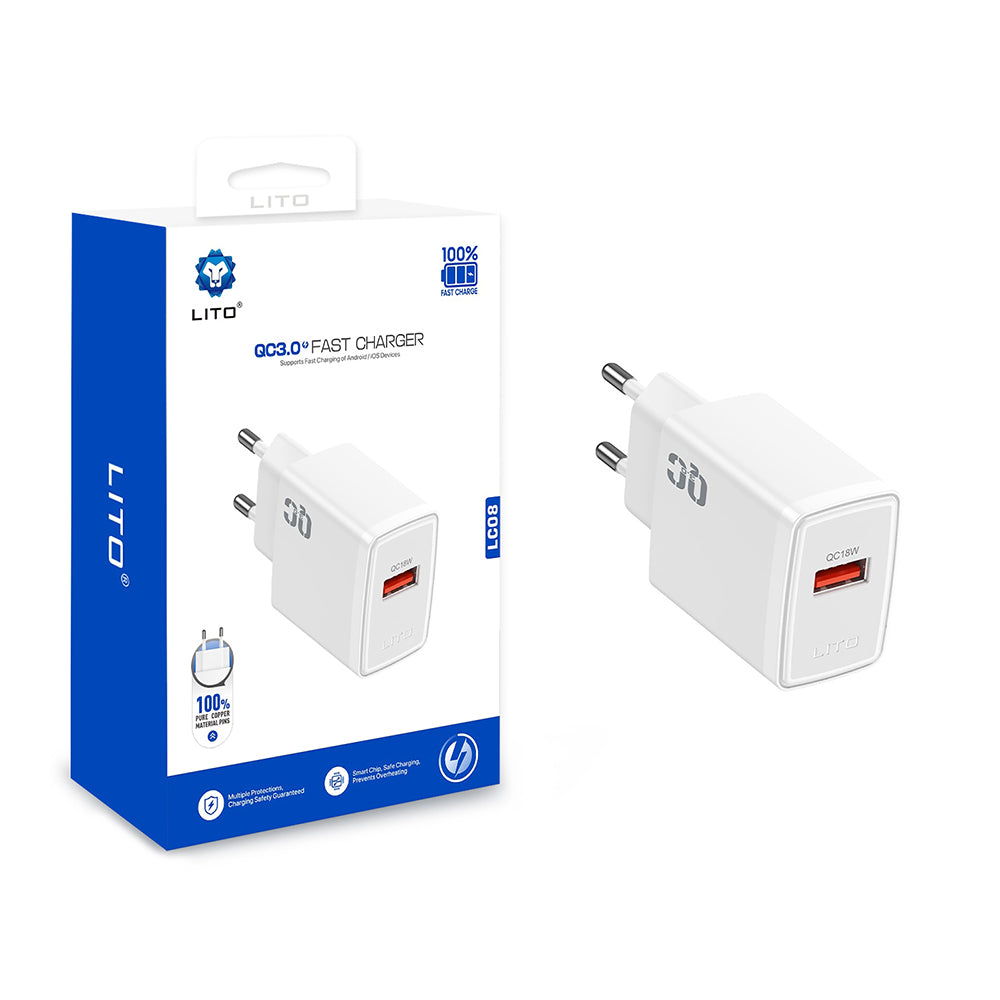 Netværksoplader Lito LC08, 18W, 3A, 1 x USB-A, Hvid