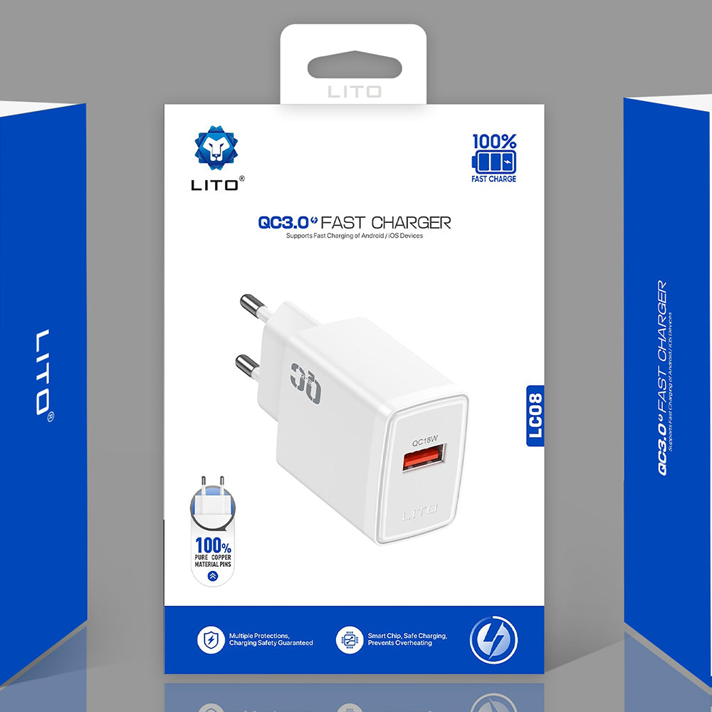 Netværksoplader Lito LC08, 18W, 3A, 1 x USB-A, Hvid