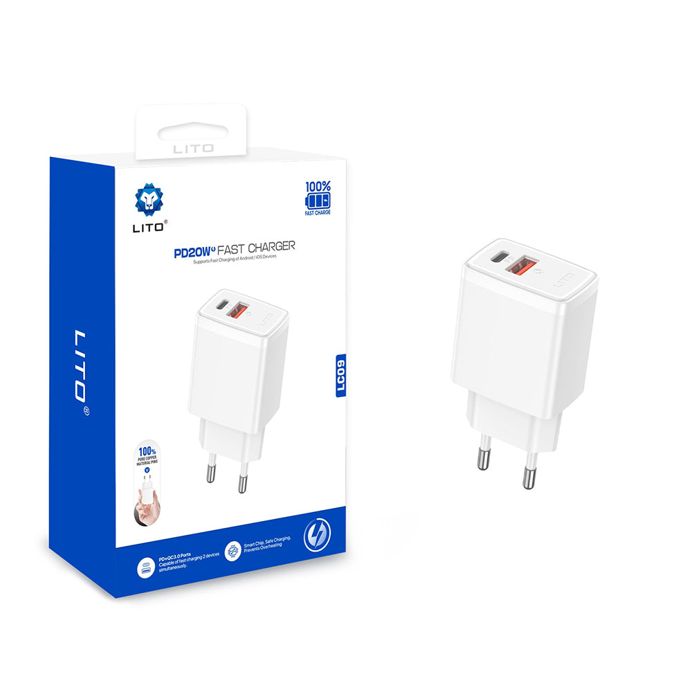 Lito LC09 Netværksoplader, 20W, 3A, 1 x USB-A - 1 x USB-C, Hvid