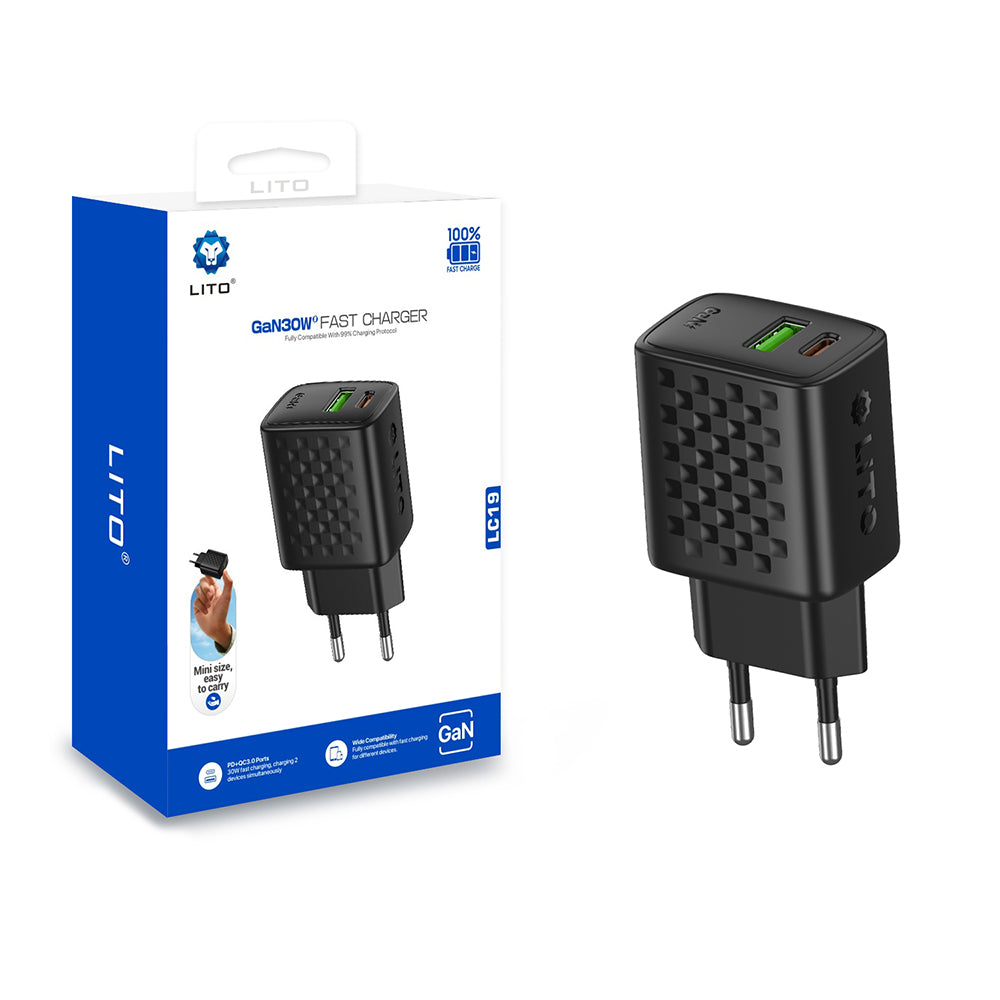 Lito LC19 netværksoplader, 30W, 3A, 1 x USB-A - 1 x USB-C, Sort