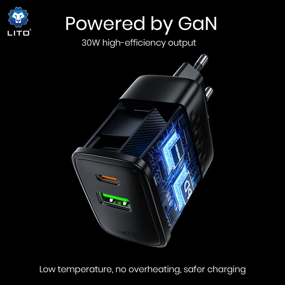Lito LC19 netværksoplader, 30W, 3A, 1 x USB-A - 1 x USB-C, Sort