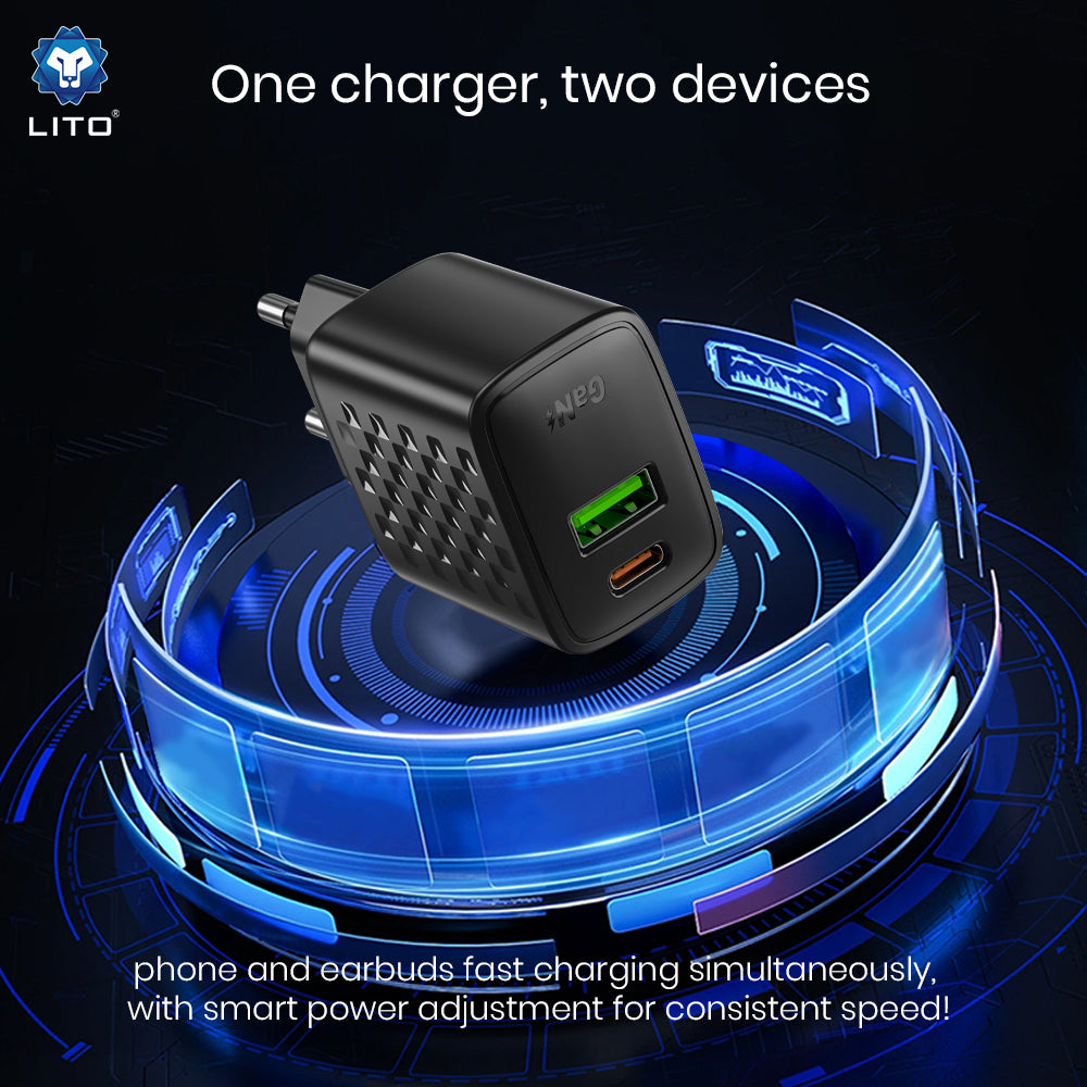 Lito LC19 netværksoplader, 30W, 3A, 1 x USB-A - 1 x USB-C, Sort
