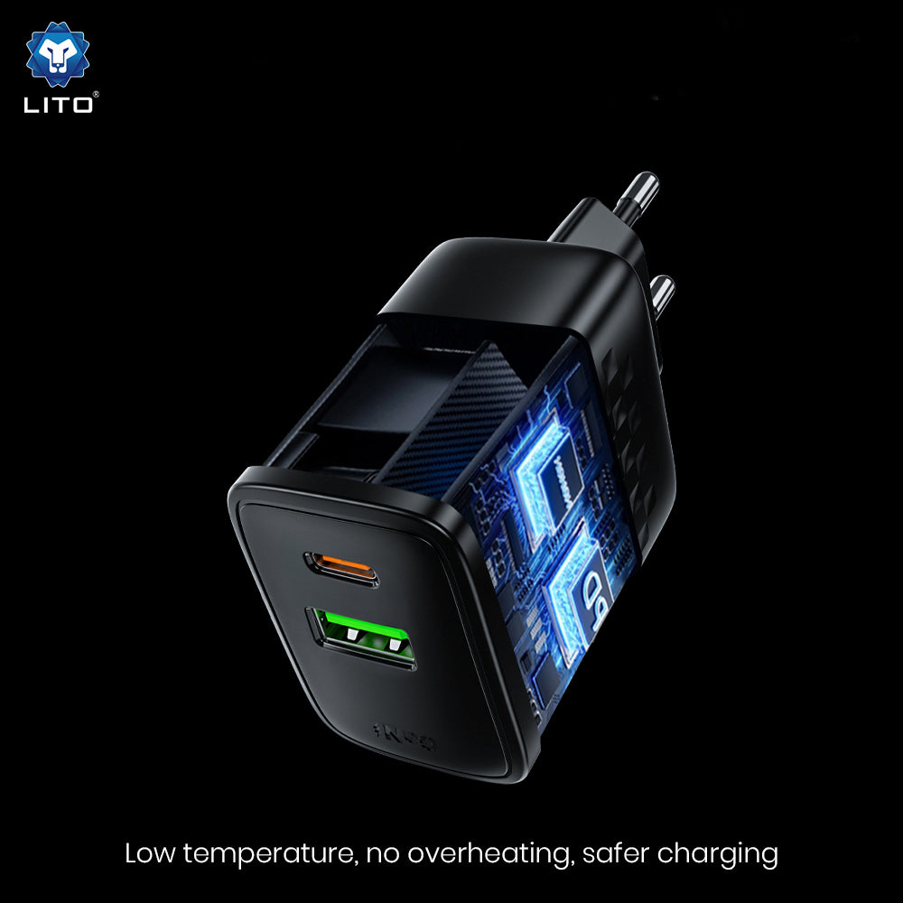 Lito LC24 netværksoplader, 65W, 3.25A, 1 x USB-A - 1 x USB-C, Sort