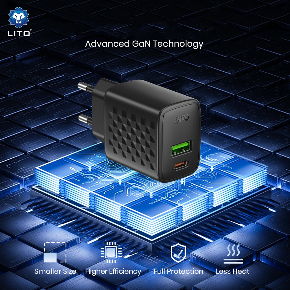 Lito LC24 netværksoplader, 65W, 3.25A, 1 x USB-A - 1 x USB-C, Sort