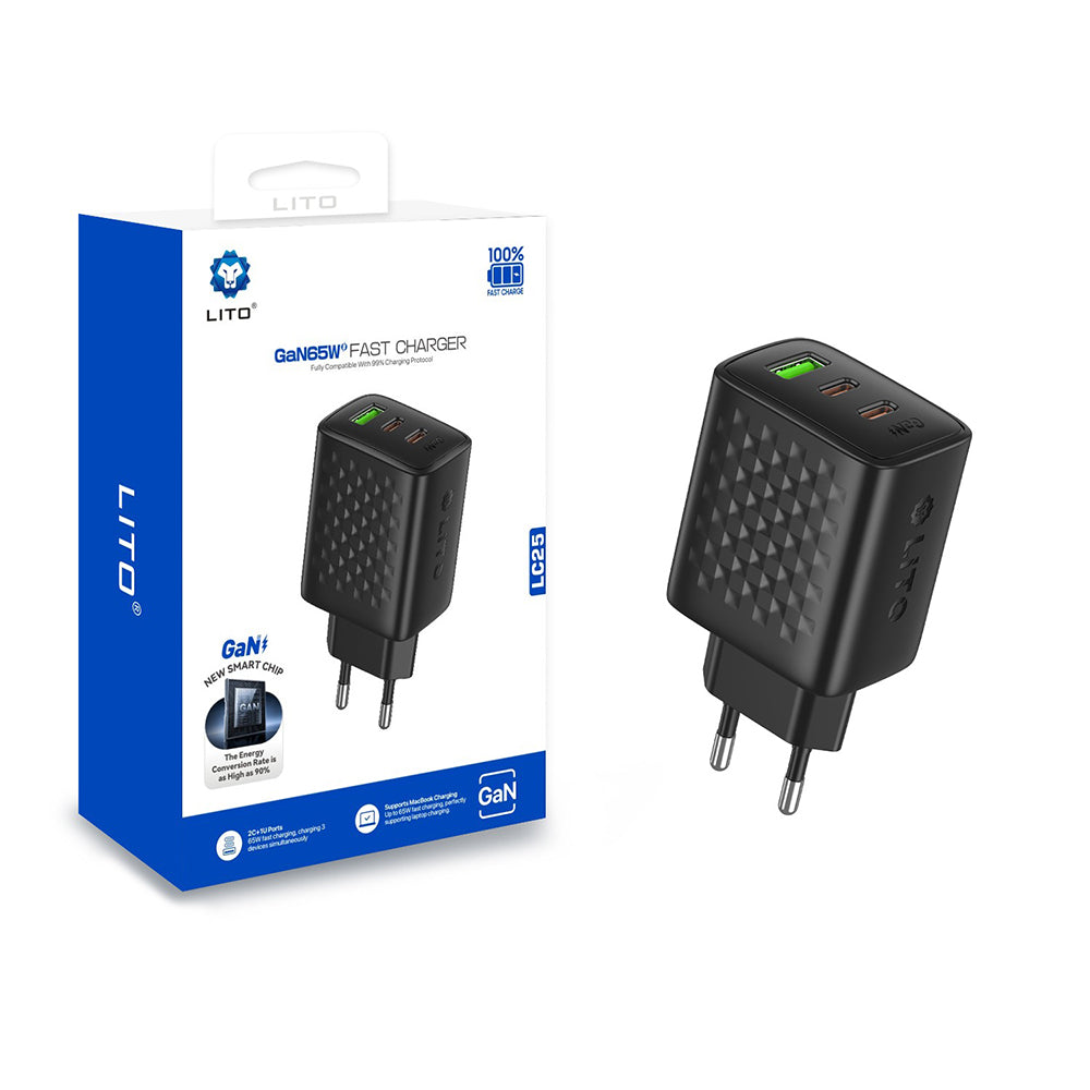 Lito LC25 netværksoplader, 65W, 3.25A, 1 x USB-A - 2 x USB-C, Sort
