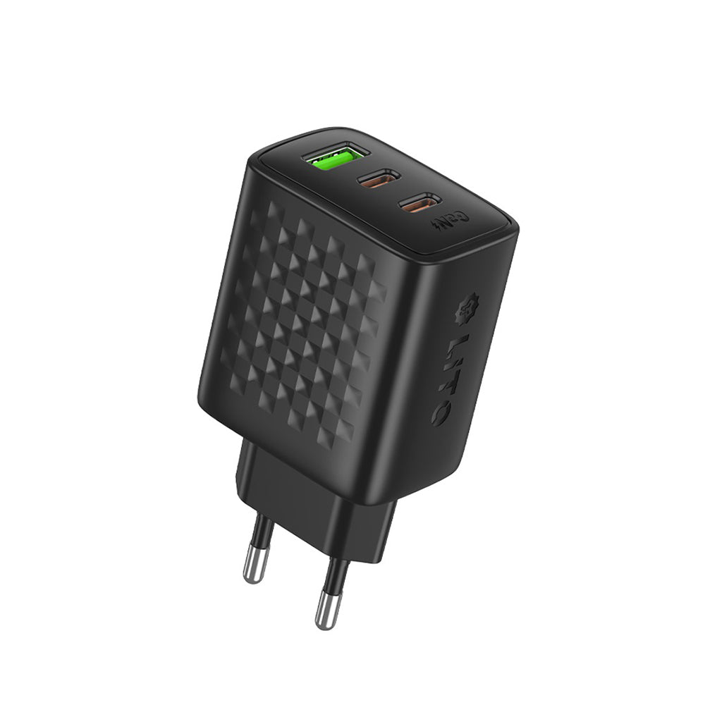 Lito LC25 netværksoplader, 65W, 3.25A, 1 x USB-A - 2 x USB-C, Sort