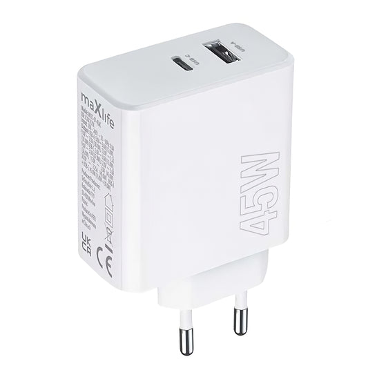MaXlife netværksoplader MXTC-07-45AC, 45W, 3A, 1 x USB-A - 1 x USB-C, hvid