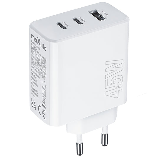 MaXlife netværksoplader MXTC-07-45ACC, 45W, 3A, 1 x USB-A - 2 x USB-C, hvid