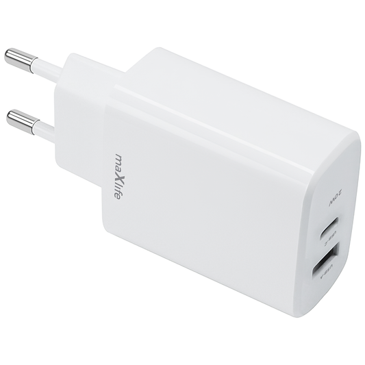 MaXlife MXTC-10-20AC netværksoplader, 20W, 3A, 1 x USB-A - 1 x USB-C, hvid