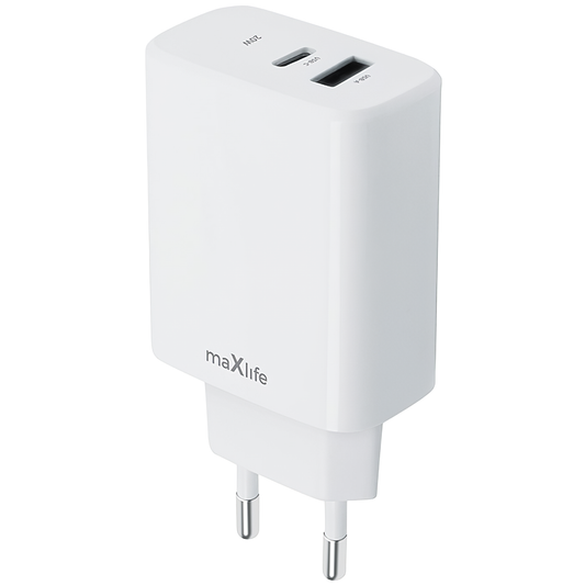 MaXlife MXTC-10-20AC netværksoplader, 20W, 3A, 1 x USB-A - 1 x USB-C, hvid