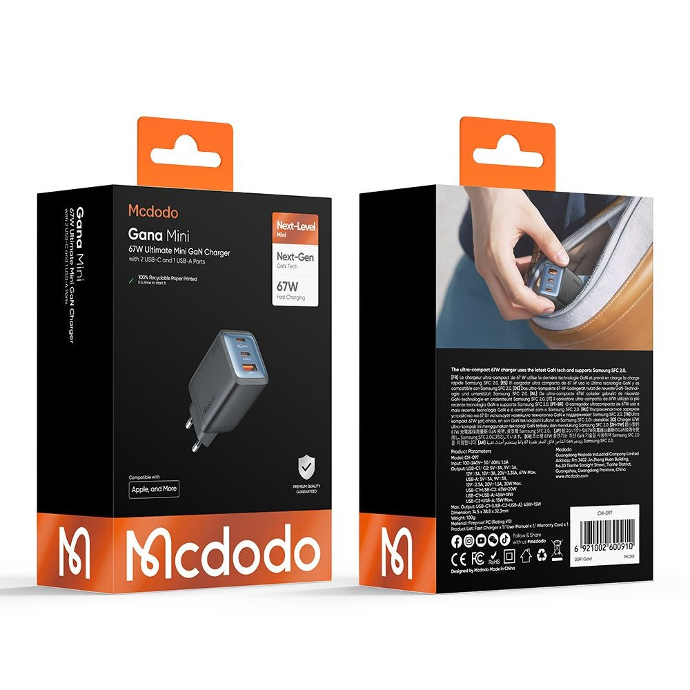 McDodo CH-0970 Gana Mini netværksoplader, 67W, 3A, 1 x USB-A - 2 x USB-C, Sort