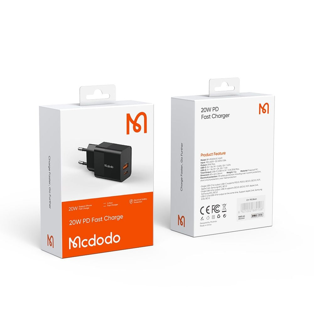 McDodo CH-1951 Hydrogen netværksoplader, 20W, 3A, 1 x USB-A - 1 x USB-C, Sort