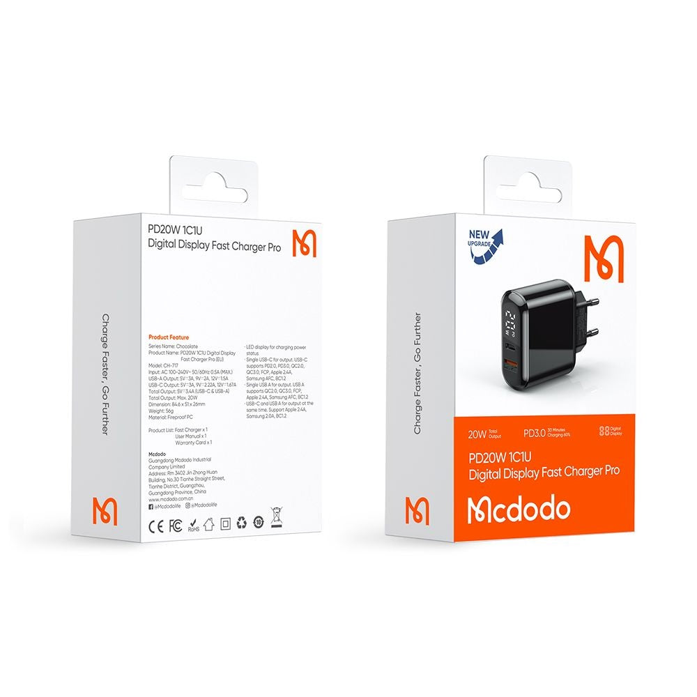 McDodo CH-7170 Chocolate Display netværksoplader, 20W, 3A, 1 x USB-A - 1 x USB-C, Sort