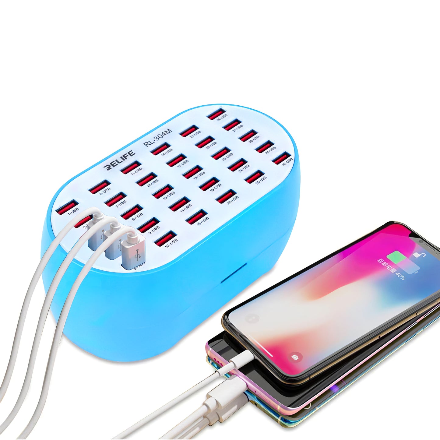 Ladestation Relife RL-304M, 160W, 2,4A, 30 x USB-A, blå